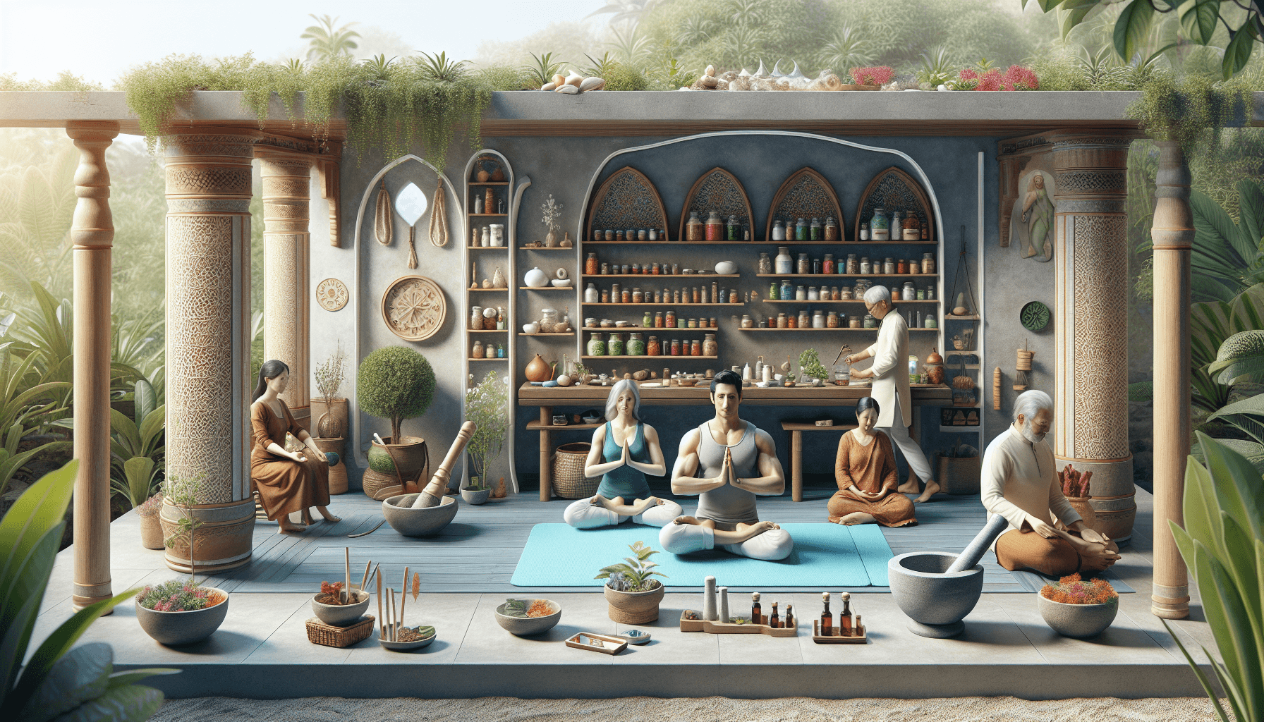Diabe-Care Diabetes Treatment 2 A serene Ayurvedic wellness center in India, surrounded by lush greenery and tranquil plants. In the foreground, a Caucasian man sits cross-legged on a yoga mat, deeply meditating. Beside him, an Asian woman is focused on preparing herbal remedies, using a pestle and mortar. Shelves in the background are lined with various herbs, while yoga mats and incense sticks are scattered around, emphasizing the holistic health practices for diabetes management. The atmosphere radiates calmness and natural healing.