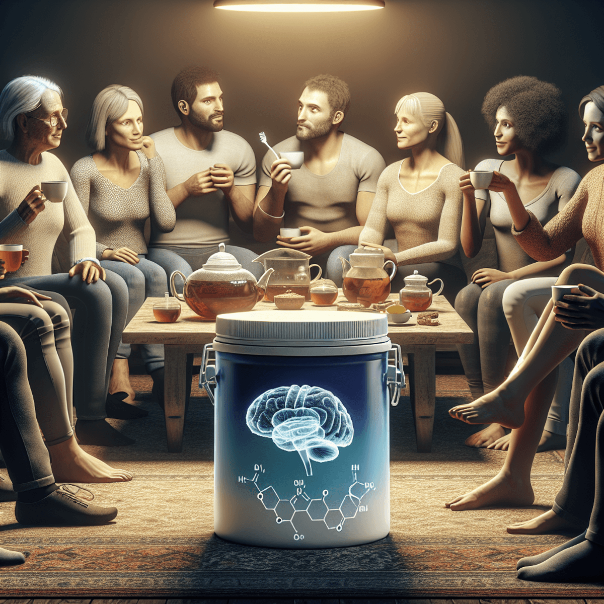 Diabe-Care Diabetes Treatment 8 A diverse group of Caucasian and Hispanic individuals, each with distinct features, sit together in a cozy environment, enjoying herbal teas and engaging in friendly conversation. The space is softly lit, creating a warm atmosphere. In the center, a table holds a container adorned with an image of a brain and a glucose molecule, symbolizing discussions about brain health and diabetes management.