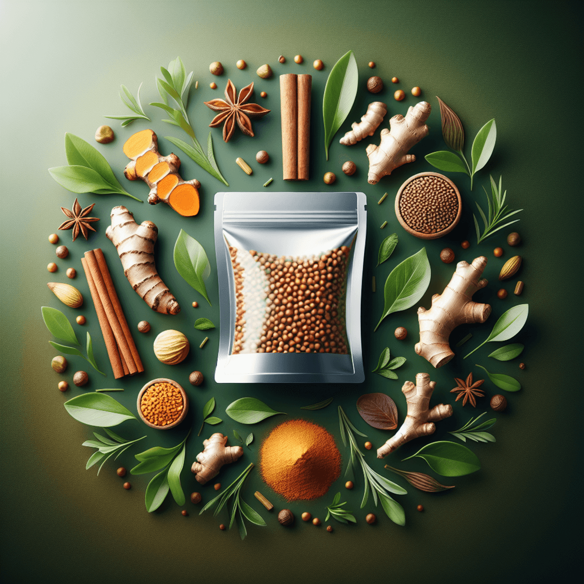 Diabe-Care Diabetes Treatment 4 A small pack of herbal supplements sits in the center of the image, surrounded by vibrant natural ingredients like turmeric-colored roots, fenugreek-like seeds, and cinnamon-brown sticks, all scattered around to create an organic feel. The ingredients are distinguished by their natural colors and shapes, conveying a sense of wellness. Lush green leaves fill the background, symbolizing health and vitality. The overall composition emphasizes a connection to nature without any logos or text.