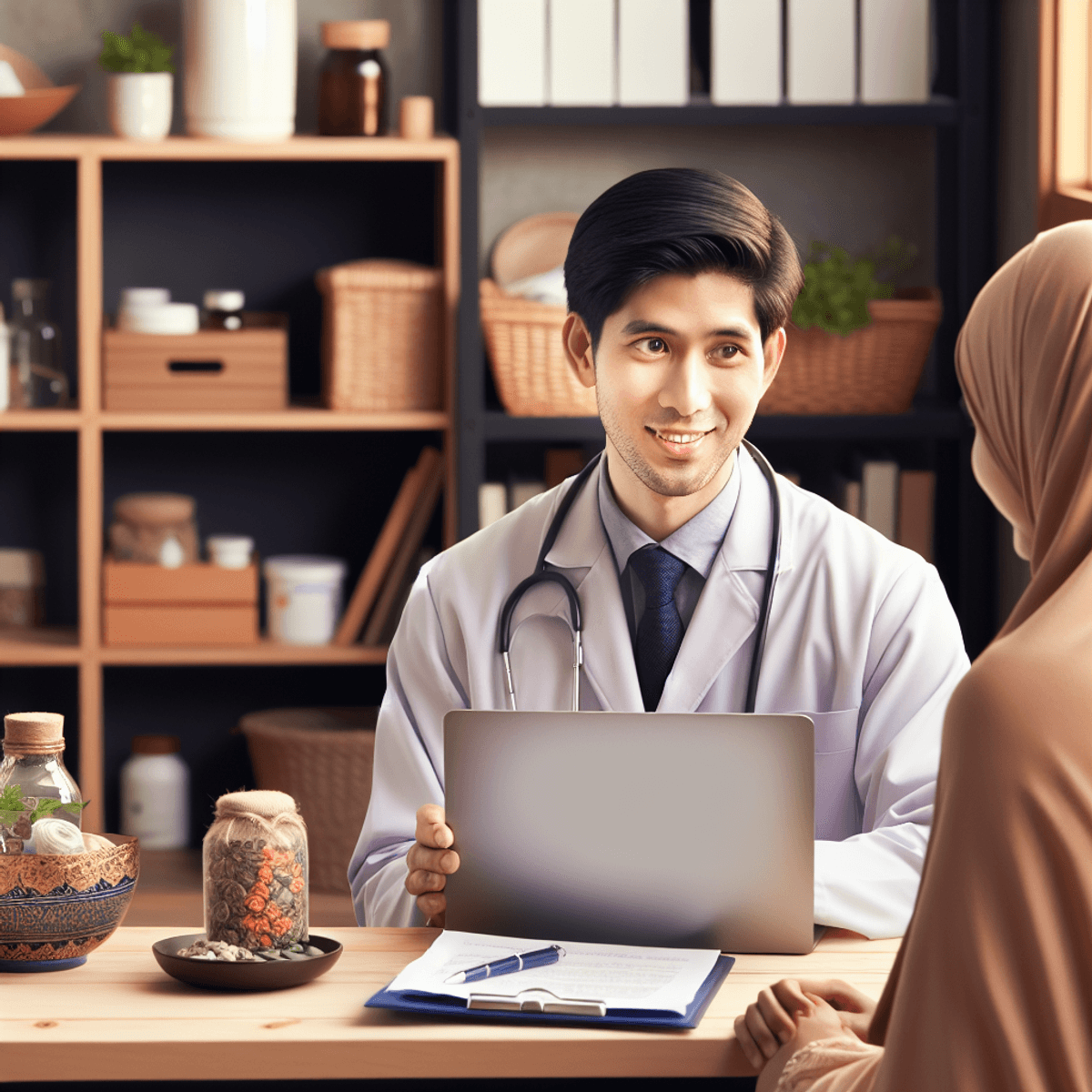 Diabe-Care Diabetes Treatment 6 A friendly Asian male doctor with glasses, seated in a cozy home office, is engaged in a video consultation with a Middle-Eastern female patient on his laptop. The office is warmly decorated, featuring shelves filled with assorted herbal remedies and medicinal plants related to Ayurveda, creating an inviting atmosphere that emphasizes natural health management for diabetes. The expressions of both individuals convey trust and understanding in their conversation.