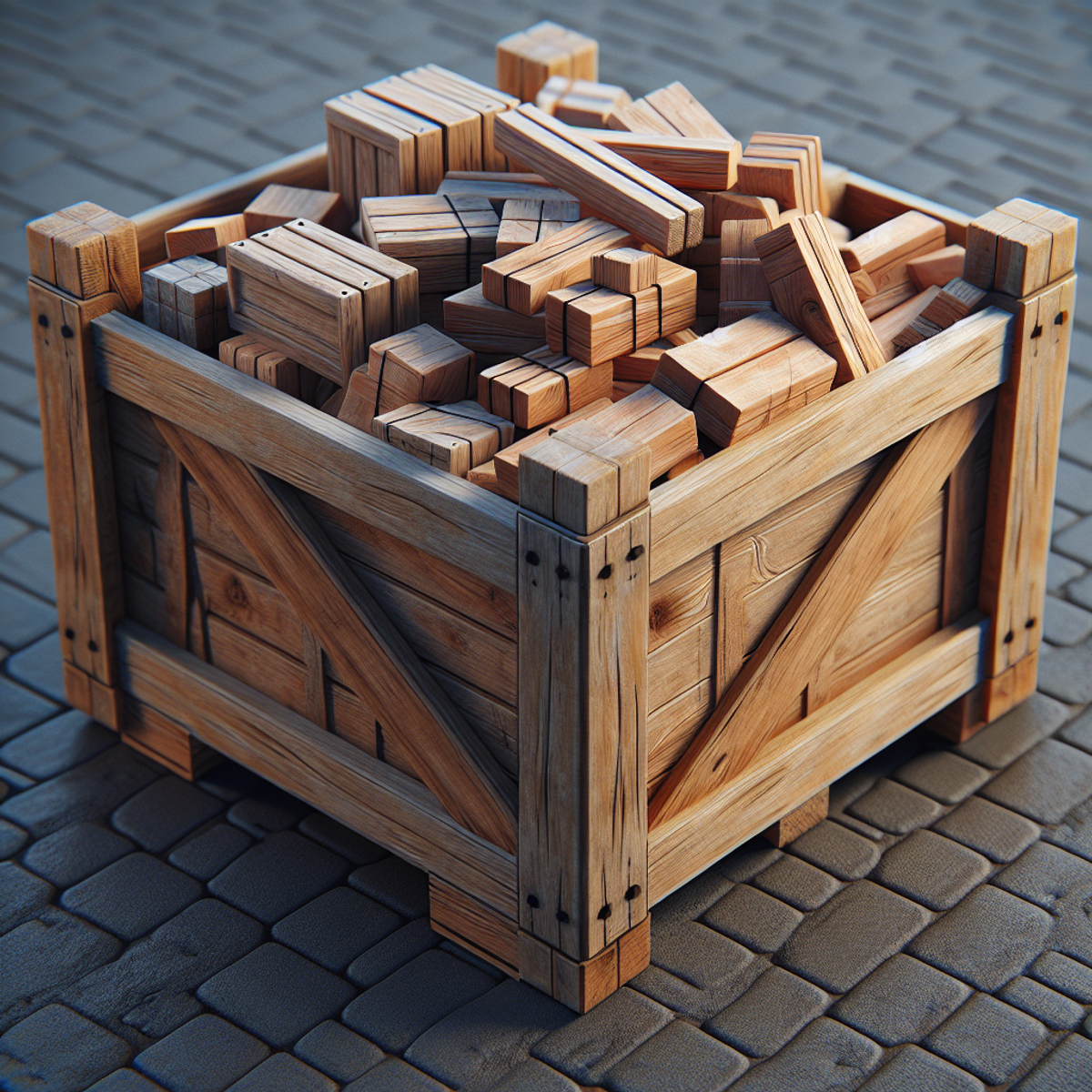A wooden crate filled with dunnage materials.