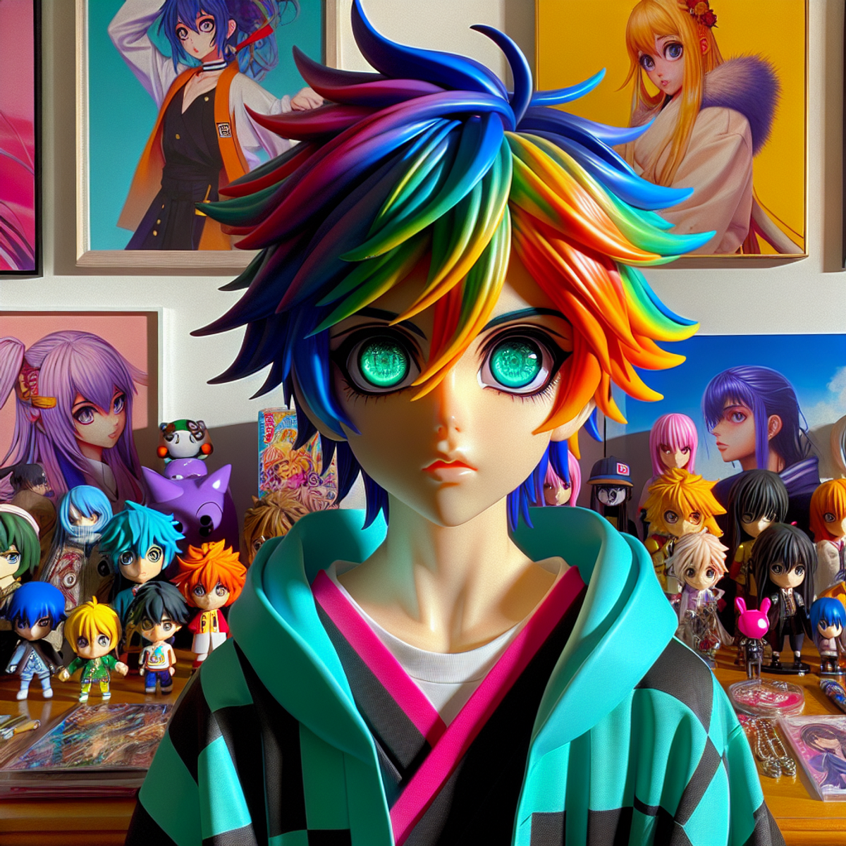 A colorful anime character surrounded by anime merchandise.
