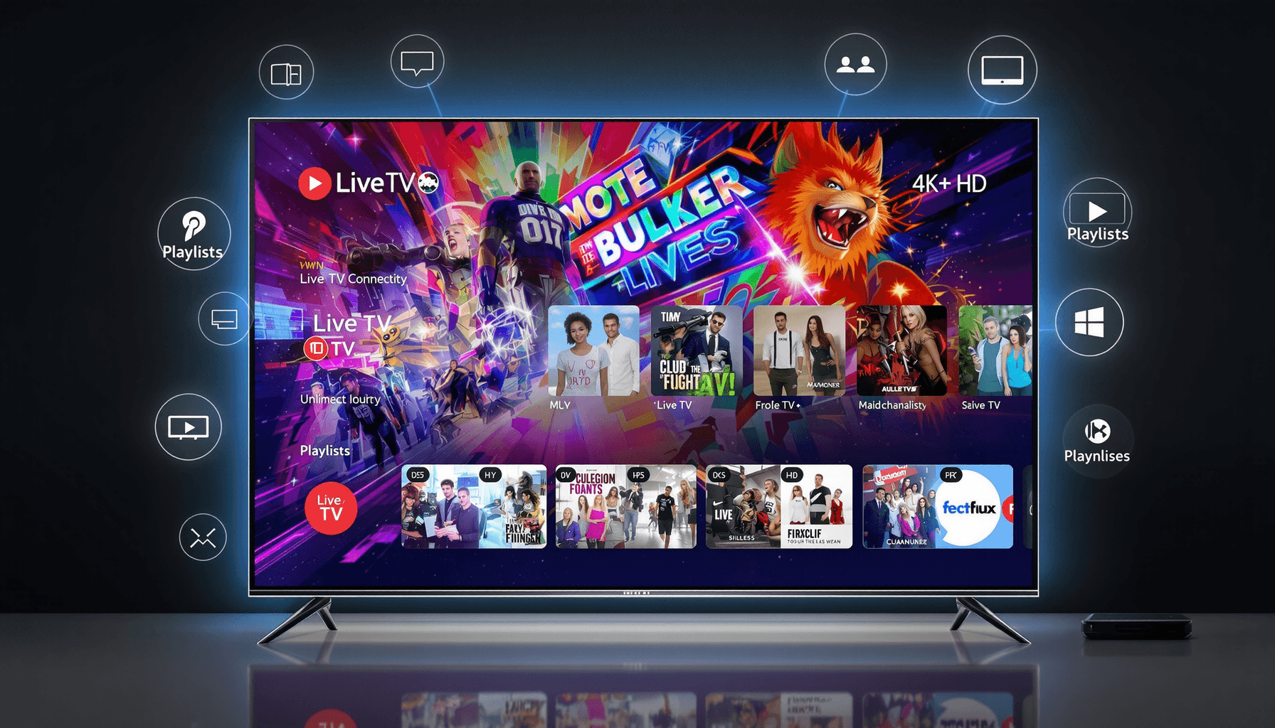 IPTV Pro – Premium Streaming App with HD Live TV 2025 1 Modern TV screen showing vibrant 4K HD content with a futuristic interface and icons for live TV, playlists, and connectivity.