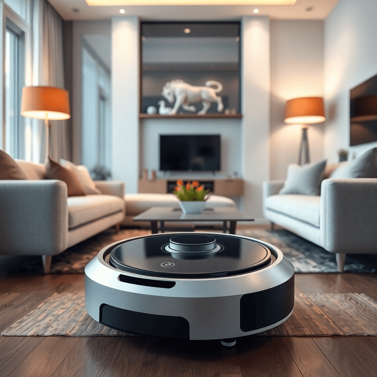 A sleek robot vacuum cleaner in a modern living room with minimalistic furniture, highlighting its compact design and advanced technology in a high-tech atmosphere.