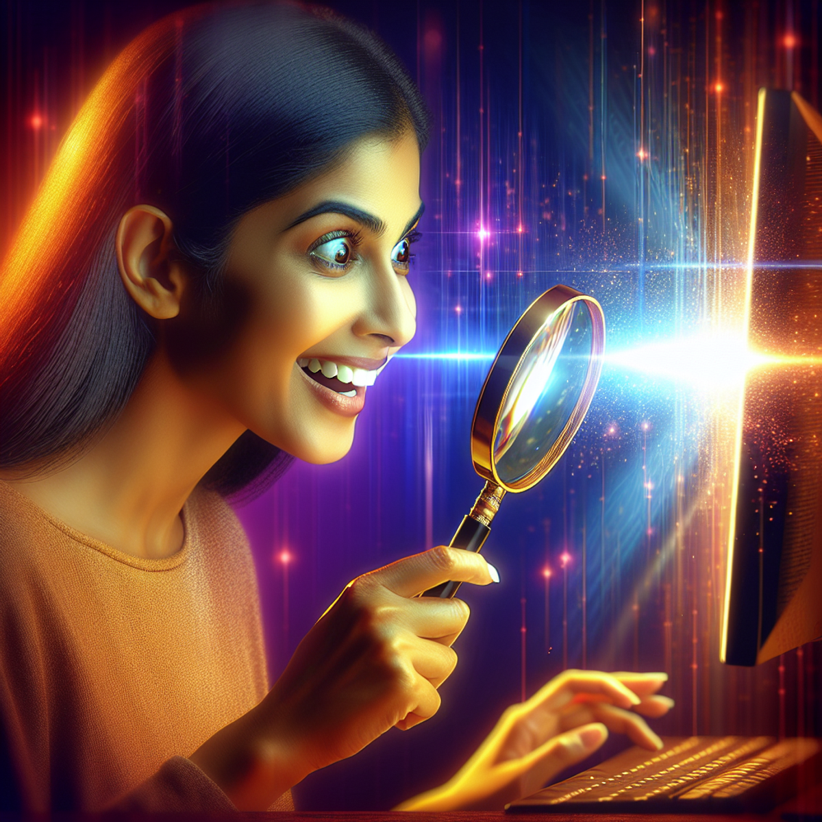 A South Asian woman with a surprised expression peers at a computer screen through a magnifying glass, her face illuminated by the screen.