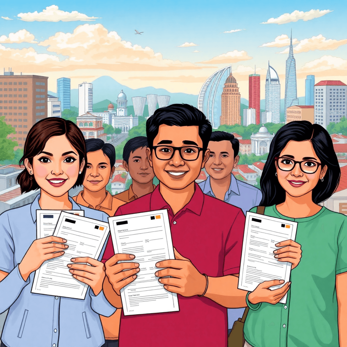 Sekelompok orang yang beragam memegang formulir pendaftaran pemilih dan kertas suara, berdiri bersama di depan pemandangan kota yang ramai, melambangkan partisipasi dalam pemilihan lokal di Indonesia.