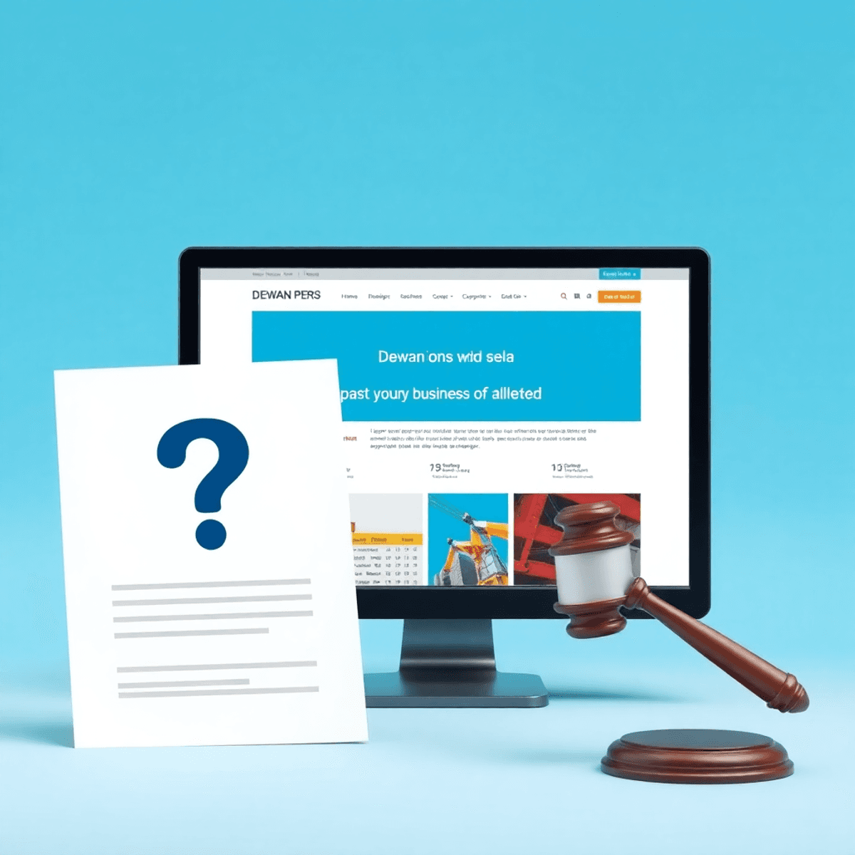 A legal document with a question mark beside a computer screen showing the Dewan Pers Indonesia website, in a professional blue and white color scheme.