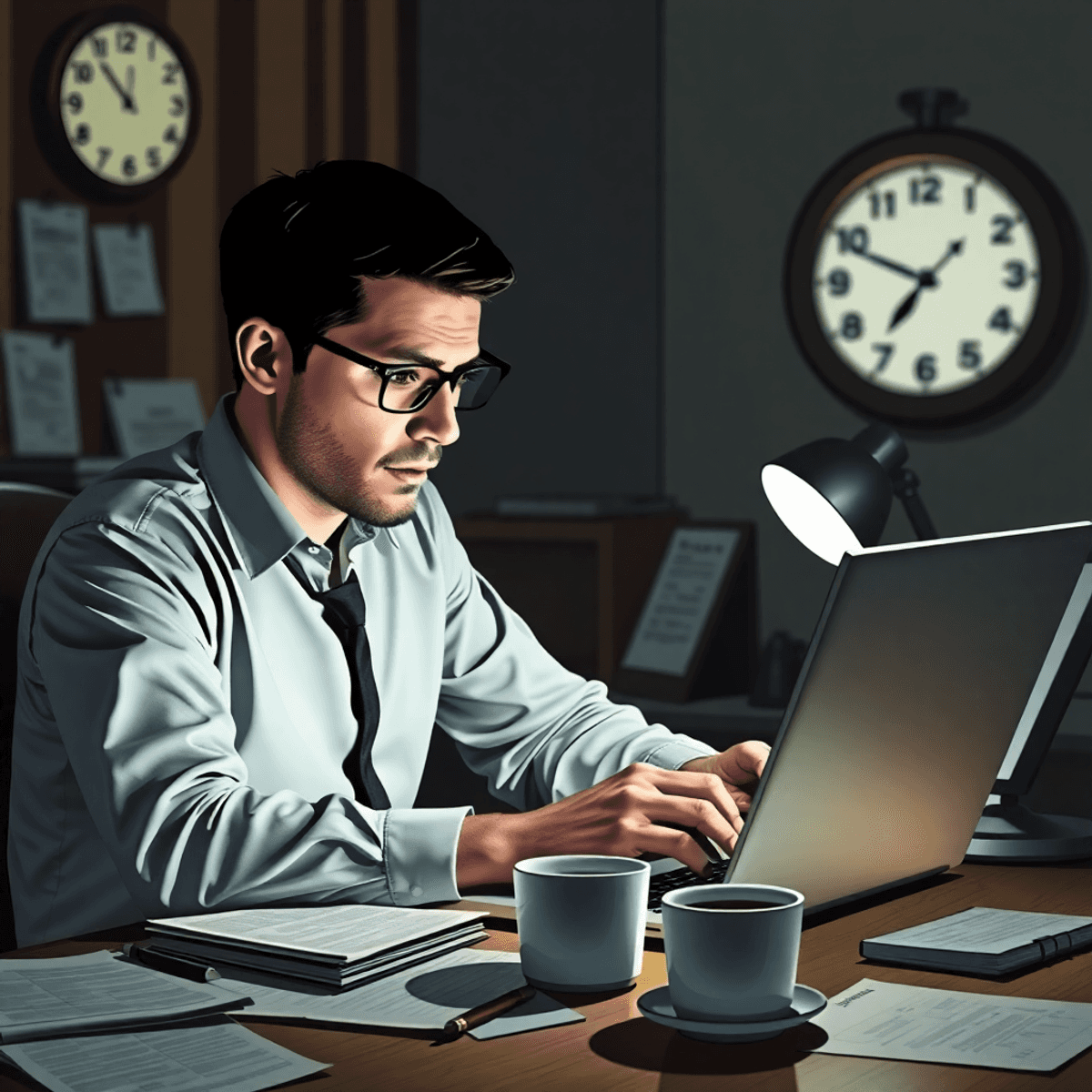 A journalist working late at night on a laptop, surrounded by notes and coffee, with a clock showing 11:30 PM, highlighting the dedication of the profession.