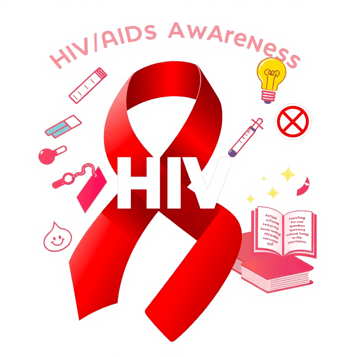 A vibrant graphic showcasing a bold red ribbon for HIV awareness, icons of safe practices, books, and a light bulb against a bright background symbolizing hope and community support.