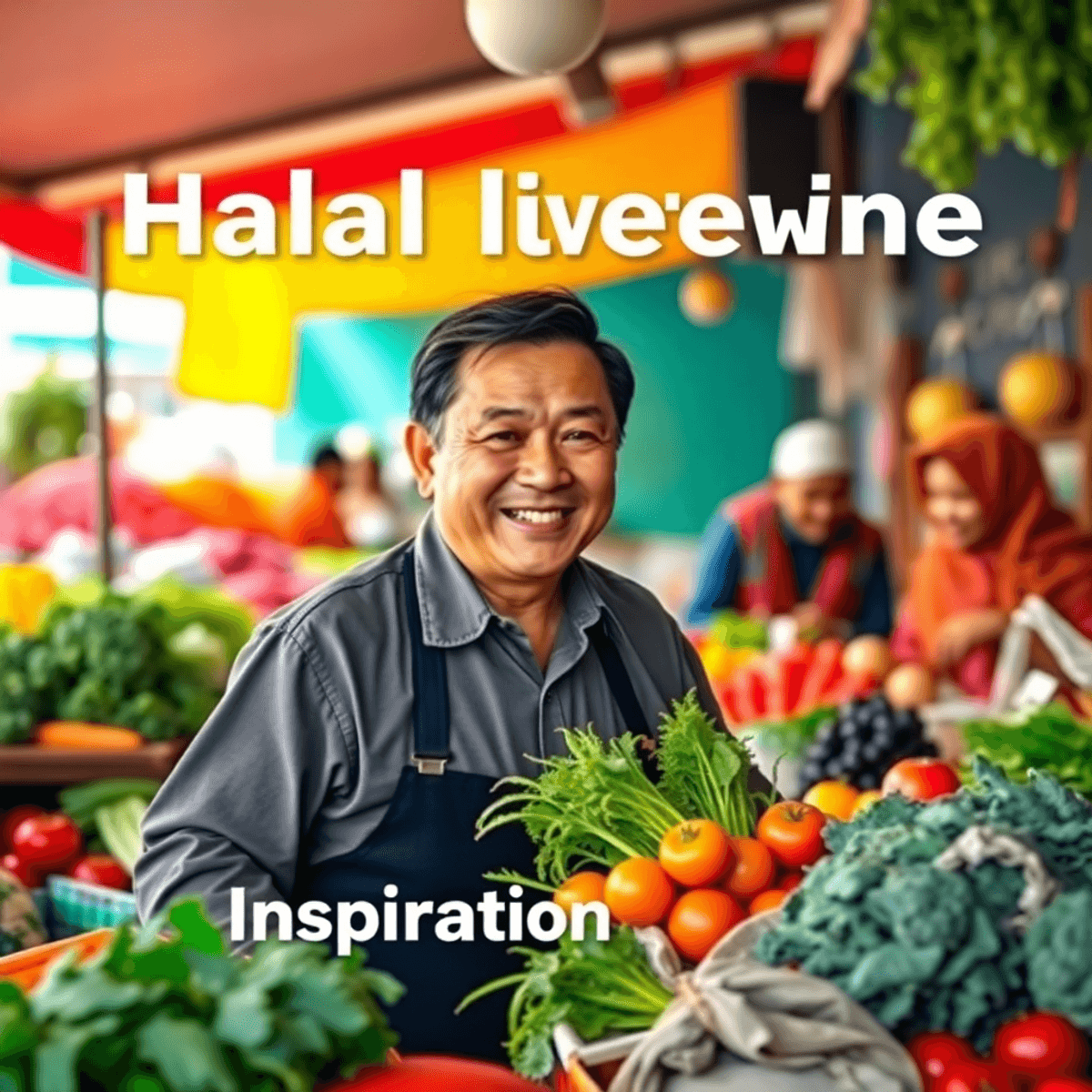 A middle-aged man selling fresh vegetables at a bustling market, surrounded by colorful produce and smiling customers, radiating warmth and inspiration.