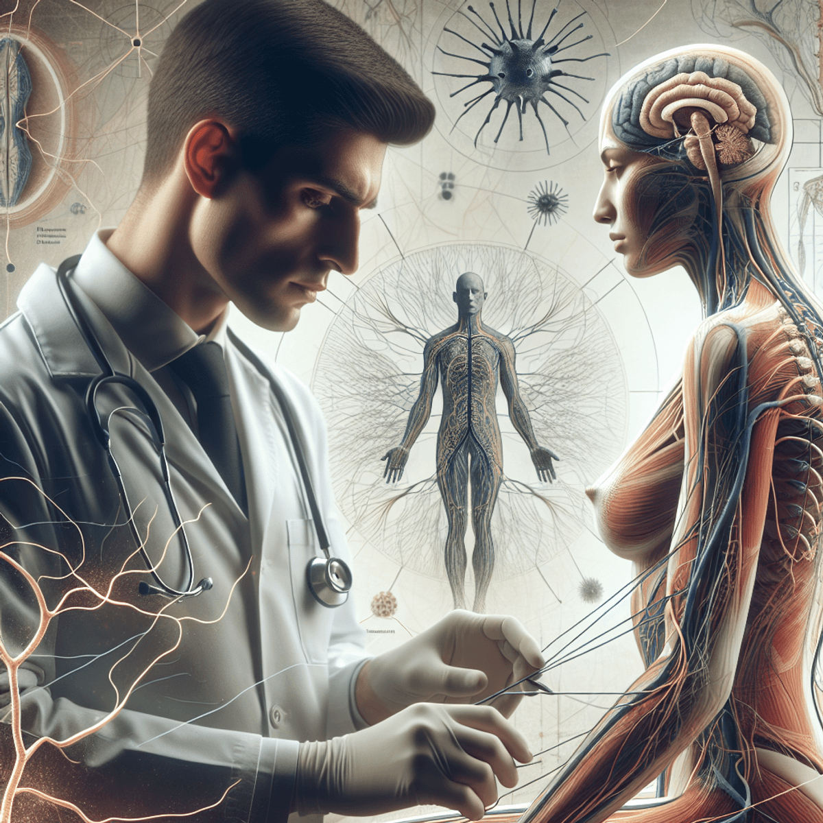 Nervous Weakness Treatment 2 A Caucasian male doctor attentively examines a Hispanic female patient in a clinical setting, their expressions focused and engaged. The background features intricate illustrations of nerve pathways and anatomical diagrams, subtly blending into the scene to enhance the theme of nerve health and dysfunction, creating an atmosphere of medical understanding and treatment.