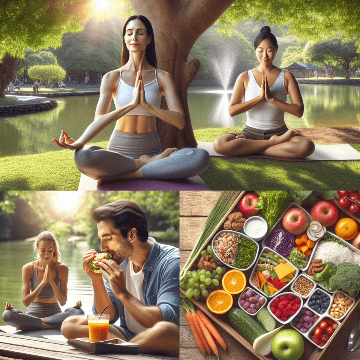 Nervous Weakness Treatment 4 A diverse group of three individuals engaged in healthy lifestyle activities: a Caucasian woman practicing yoga under a leafy tree, an Asian man meditating peacefully by a serene pond, and a Hispanic woman savoring a colorful, nutritious meal filled with fruits and vegetables in a sunny park. The scene captures their shared commitment to wellness and balance in life.
