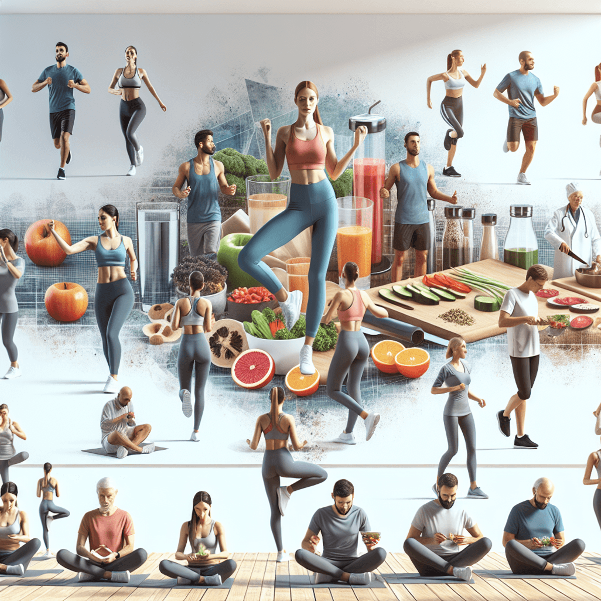 Nervous Weakness Treatment 5 A diverse group of individuals, including Caucasian and Hispanic participants, actively engaged in a health and wellbeing session. Some are practicing yoga on mats, while others are performing aerobic exercises and running in a vibrant outdoor setting. In another area, individuals are meal prepping, chopping colorful vegetables and fruits, and blending smoothies, showcasing the preparation of nutritious meals. The scene illustrates the importance of an active lifestyle and healthy eating for nerve weakness treatment.