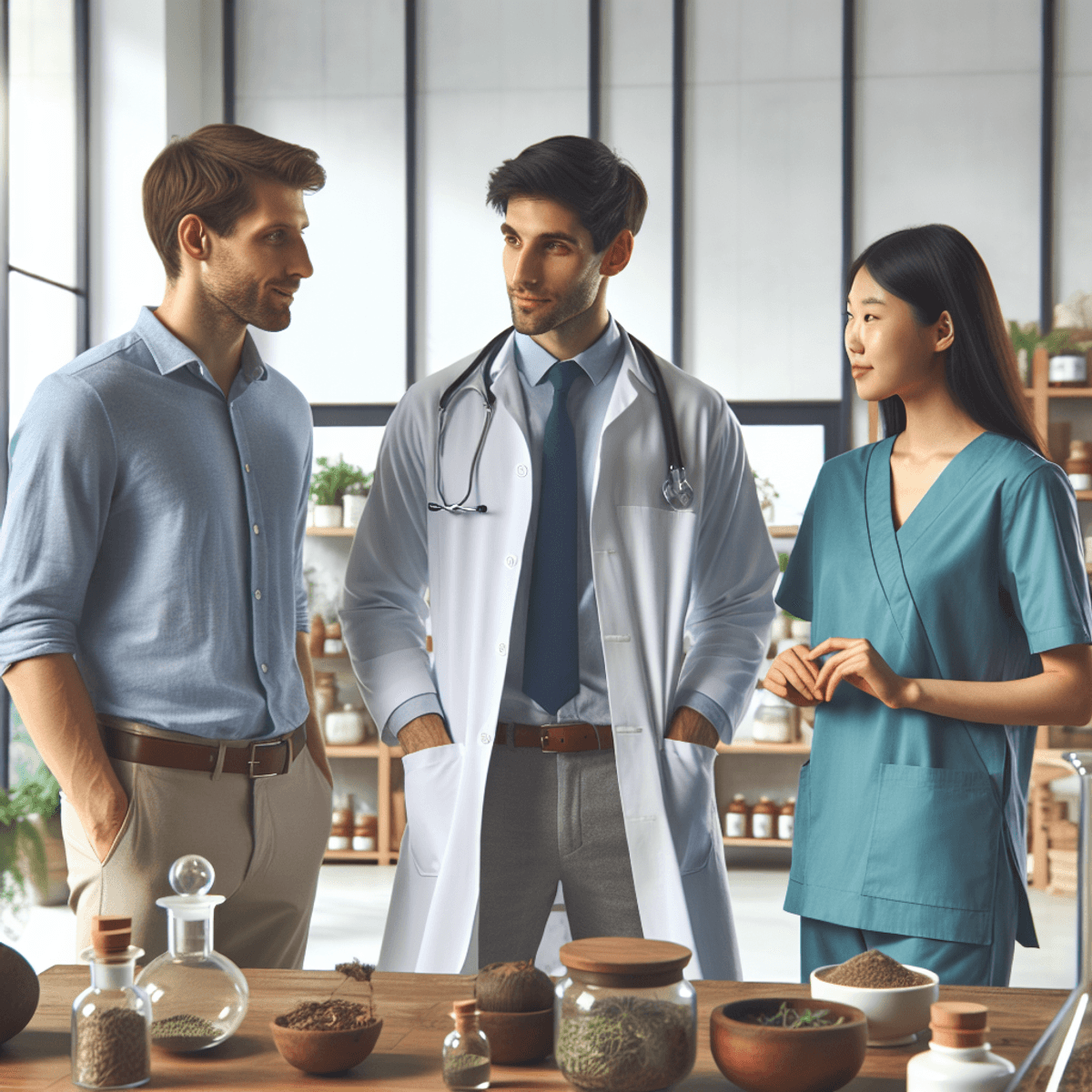 Nervous Weakness Treatment 3 A Caucasian male doctor in a white coat stands engaged in conversation with an Asian female nurse in turquoise scrubs in a bright clinic. They discuss personalized treatment plans amidst shelves of herbs and natural remedies, highlighting the blend of Ayurvedic practices and modern medicine.