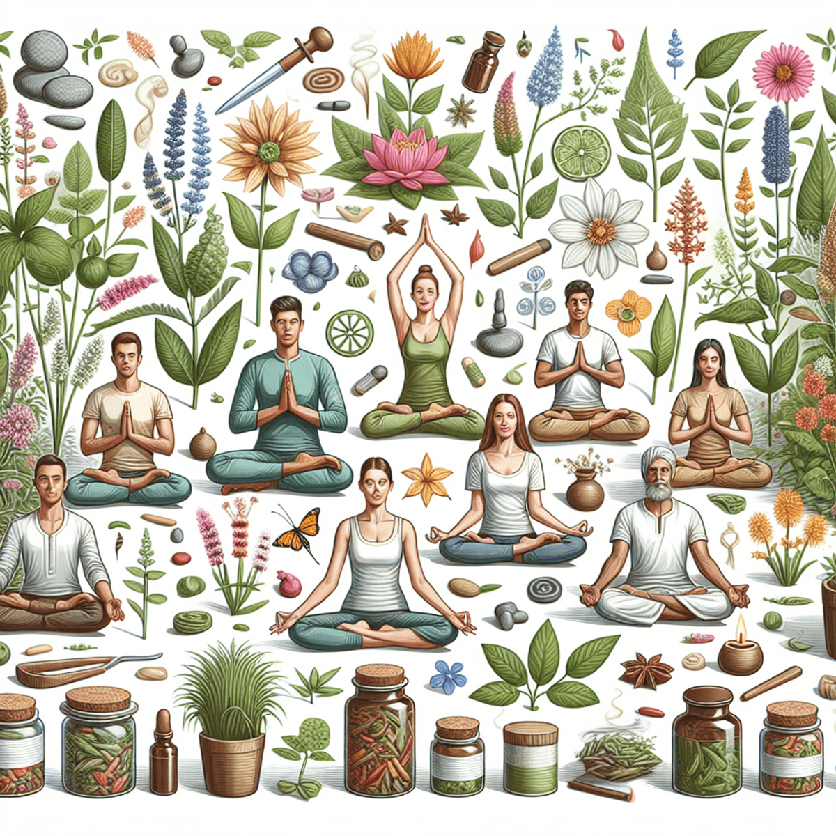 Nervous Weakness Treatment 6 A serene scene showcasing a diverse group of individuals practicing yoga and meditation in a lush, herbal garden. The participants, including Caucasian, Asian, and Hispanic individuals, are depicted in various yoga poses, surrounded by vibrant green plants and natural remedies. The atmosphere conveys tranquility and wellness, with soft sunlight filtering through the leaves, enhancing the peaceful ambiance of this Ayurvedic environment.