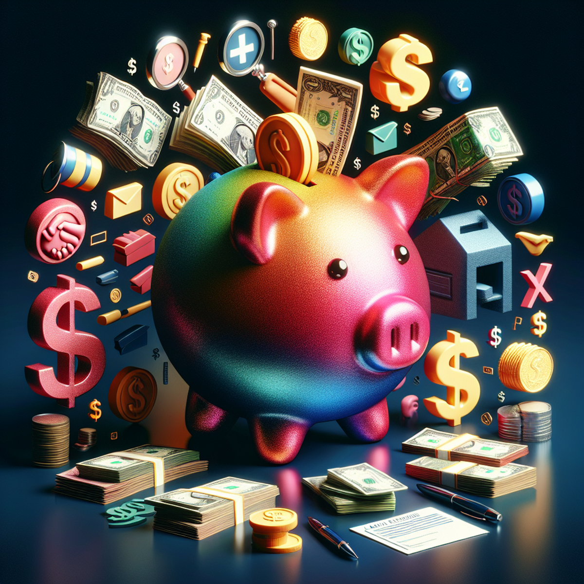 A brightly colored piggy bank overflowing with various types of currency and surrounded by symbols associated with personal loans.