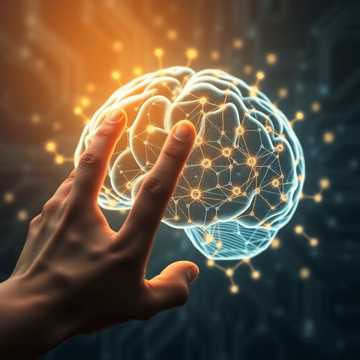 A realistic hand gently touching a glowing digital brain made of interconnected AI circuits, symbolizing human creativity merging with artificial intelligence.