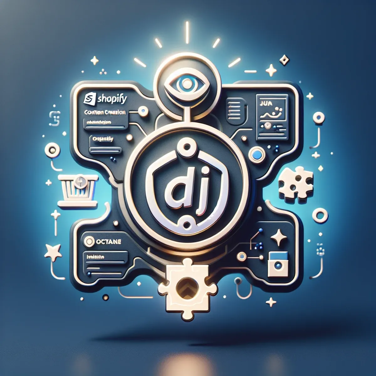 A digital art image featuring two symbols. The first symbol is Junia AI, depicted as a futuristic, highly technological object with a user-friendly design, surrounded by a soft glow. The second symbol is Octane AI, visualized as an innovative tool with interactive and personalized features, represented by puzzle pieces fitting together to form a product shape.