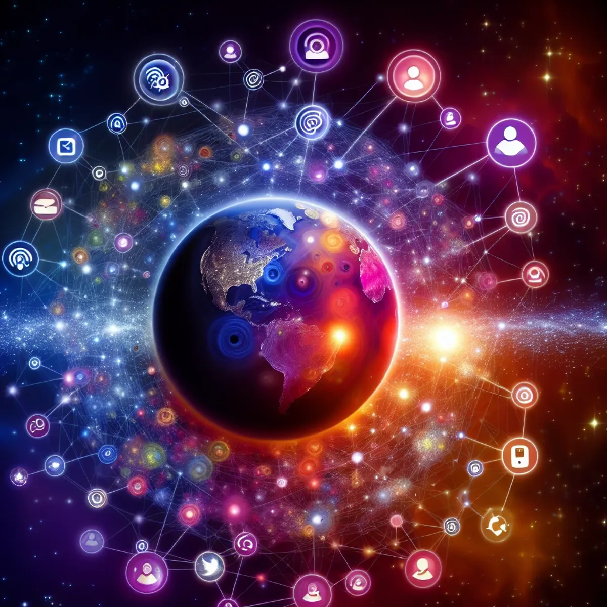 A digital galaxy with planets representing different social media platforms, connected by streams of light.