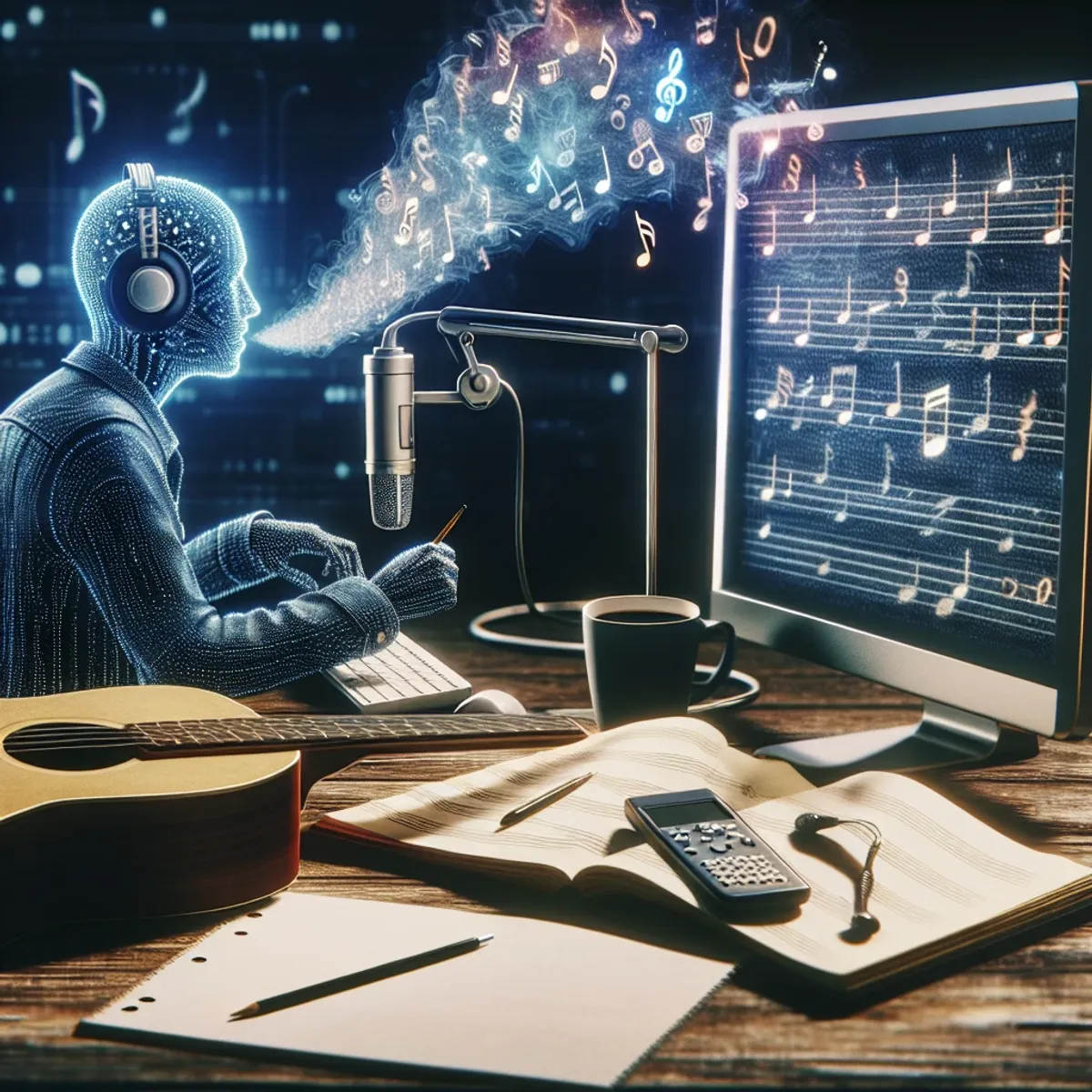 A musician sits at a computer with musical symbols on the screen, a notepad of handwritten lyrics, and a translucent AI cloud whispering words.