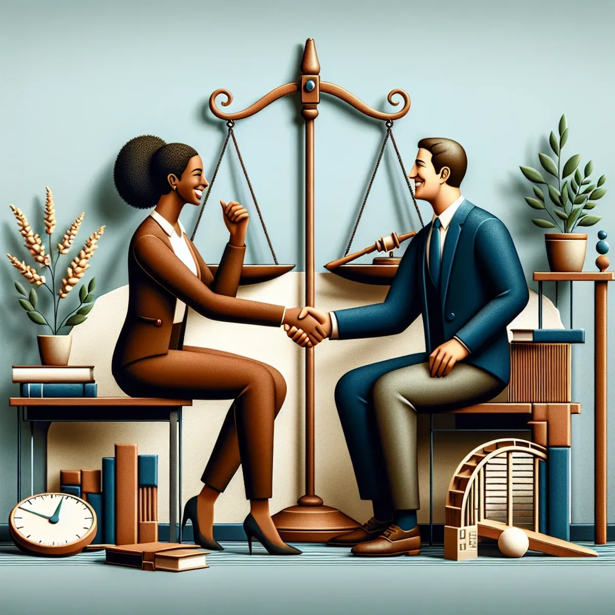 A Black female and a Caucasian male share a warm handshake in a professional setting, surrounded by symbols of trust, understanding, and collaboration.