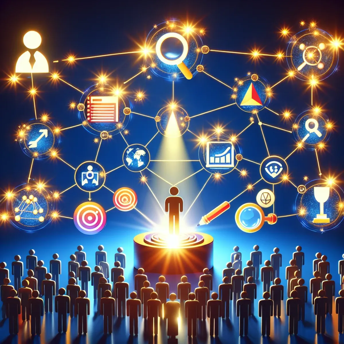 A digital marketing strategy visualized as interconnected clusters with symbols representing satisfied user experience, engaged audience, improved search engine rankings, and enhanced SERP visibility.