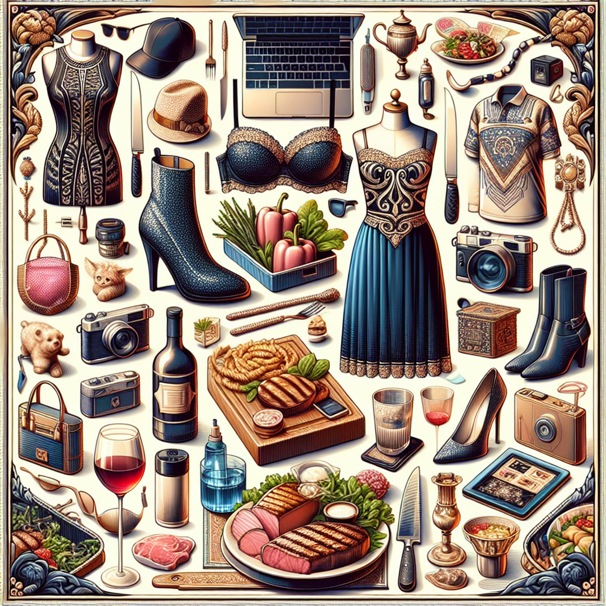 A high-resolution image of a thoughtfully curated display representing various industries. It includes a stylish dress, a trendy hat, sparkly shoes, a decorative vase, an ornate mirror, a modern lamp, a sleek laptop, earphones, and a juicy steak with grilled vegetables. Rich in vibrant colors and high attention to detail.