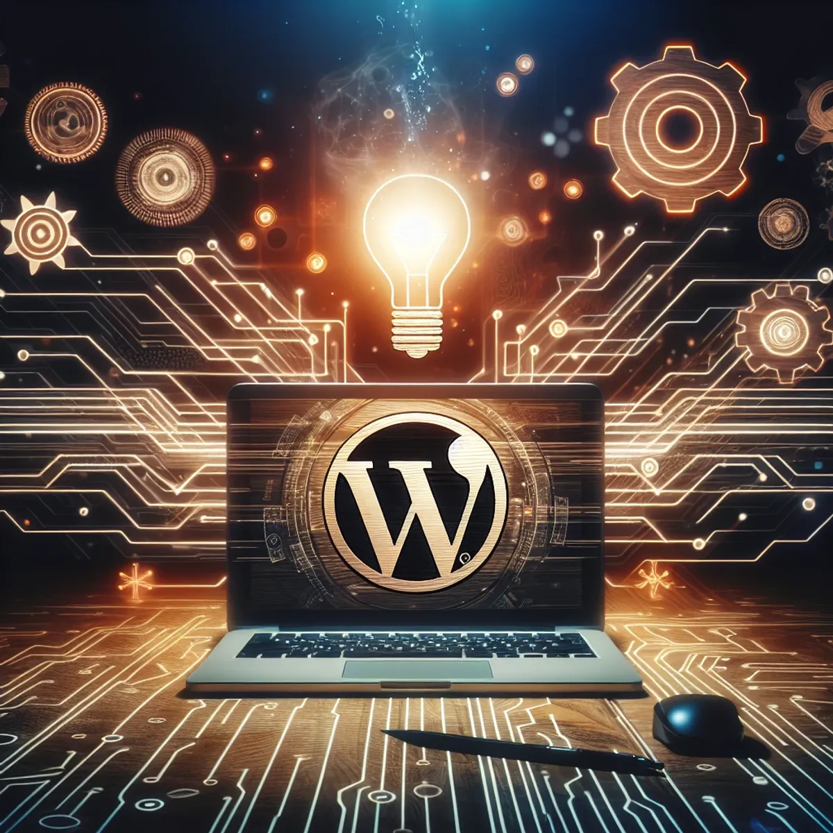 Laptop displaying WordPress-like logo, AI algorithms, creativity, efficiency, optimization, collaboration symbols