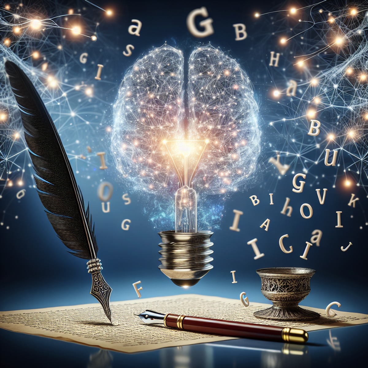 An AI-powered Sentence Generator: A quill pen and light bulb in the foreground, with a neural network in the background emitting light, surrounded by floating letters.