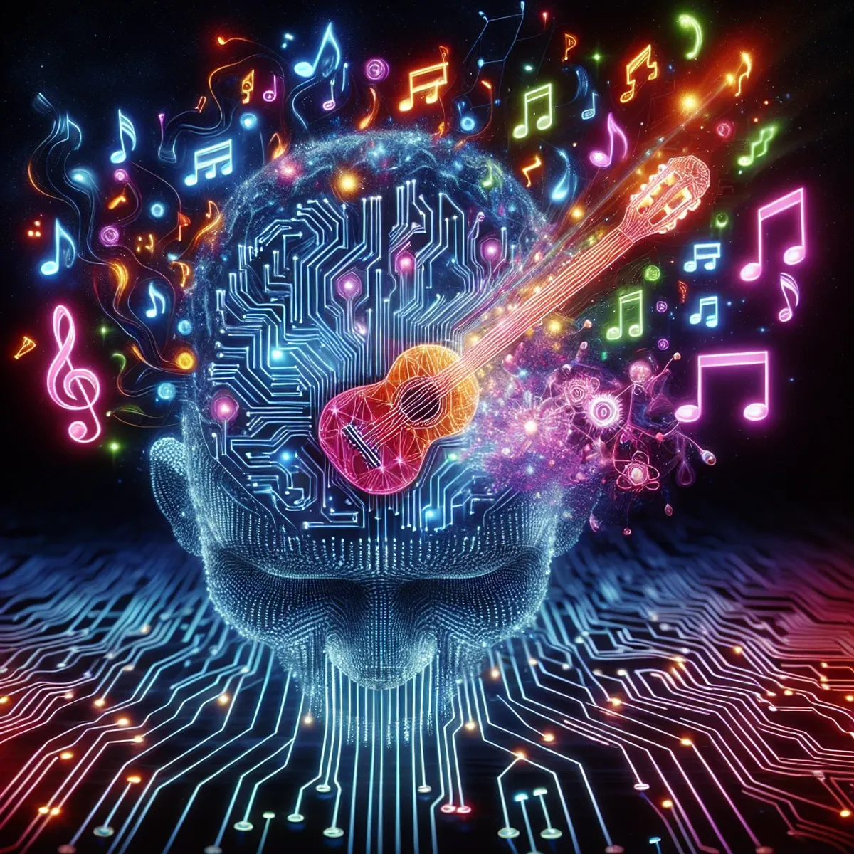 Futuristic AI mind with glowing circuits and musical notes and instruments.