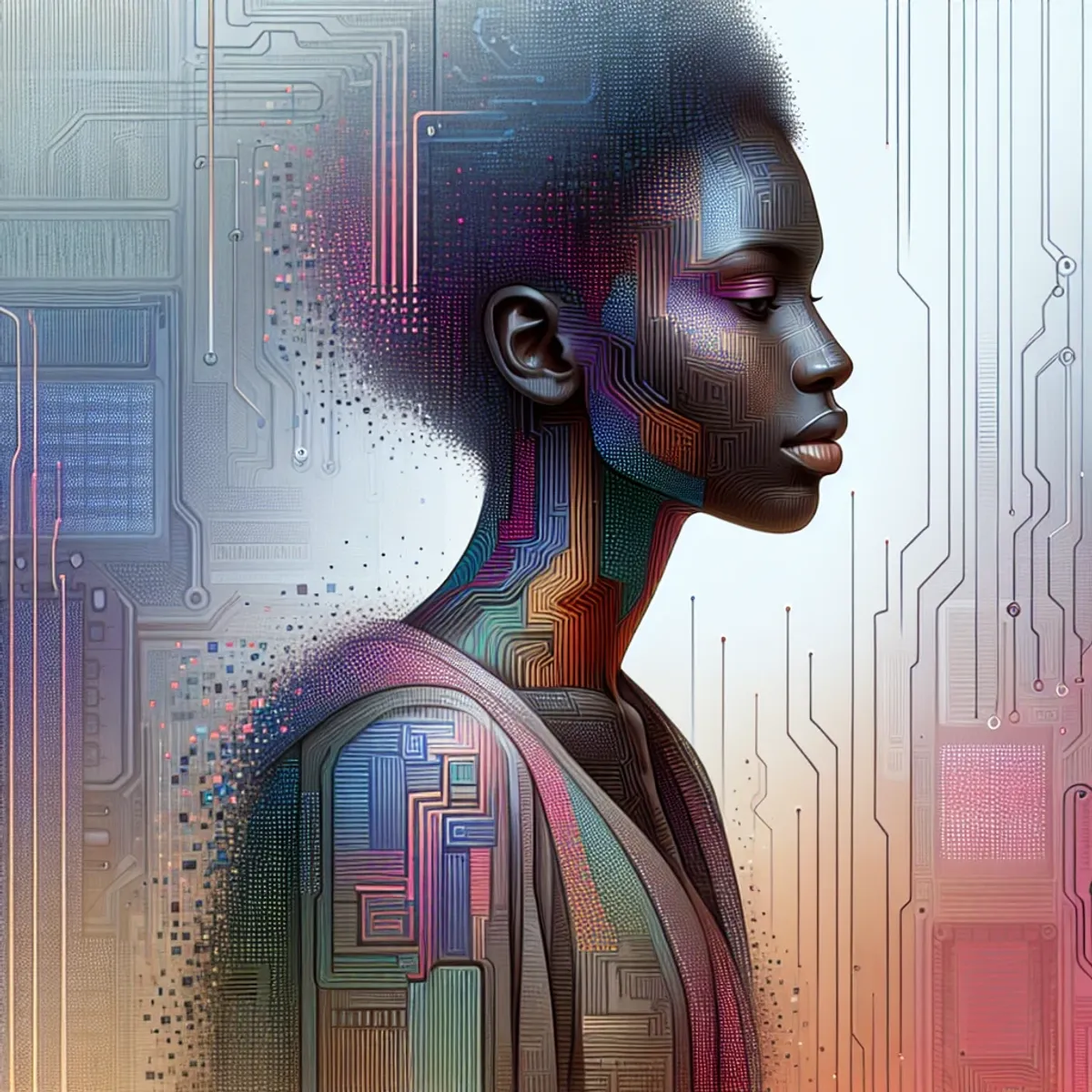 A portrait of a person with African descent and gender-neutral identity, featuring abstract pixel-like patterns in their clothing and surroundings, with hints of binary code and motherboard circuitry.