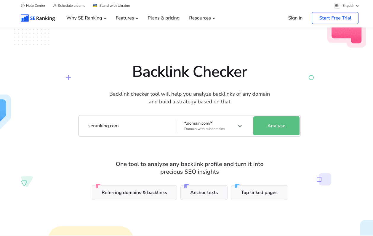 SE Ranking's backlink checker tool