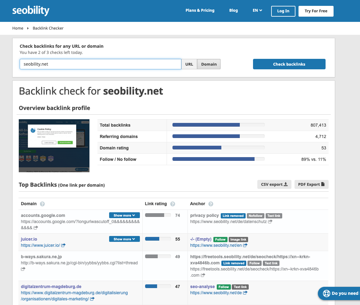 Seobility's Backlink Checker Tool