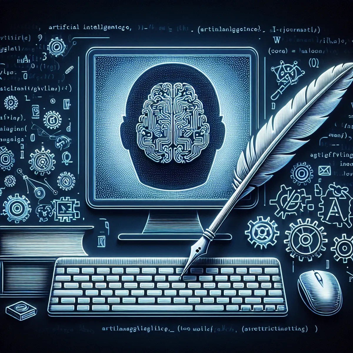 An image of a computer with a glowing brain on the screen, a feather quill pointing at the screen, and gears and code symbols in the background.