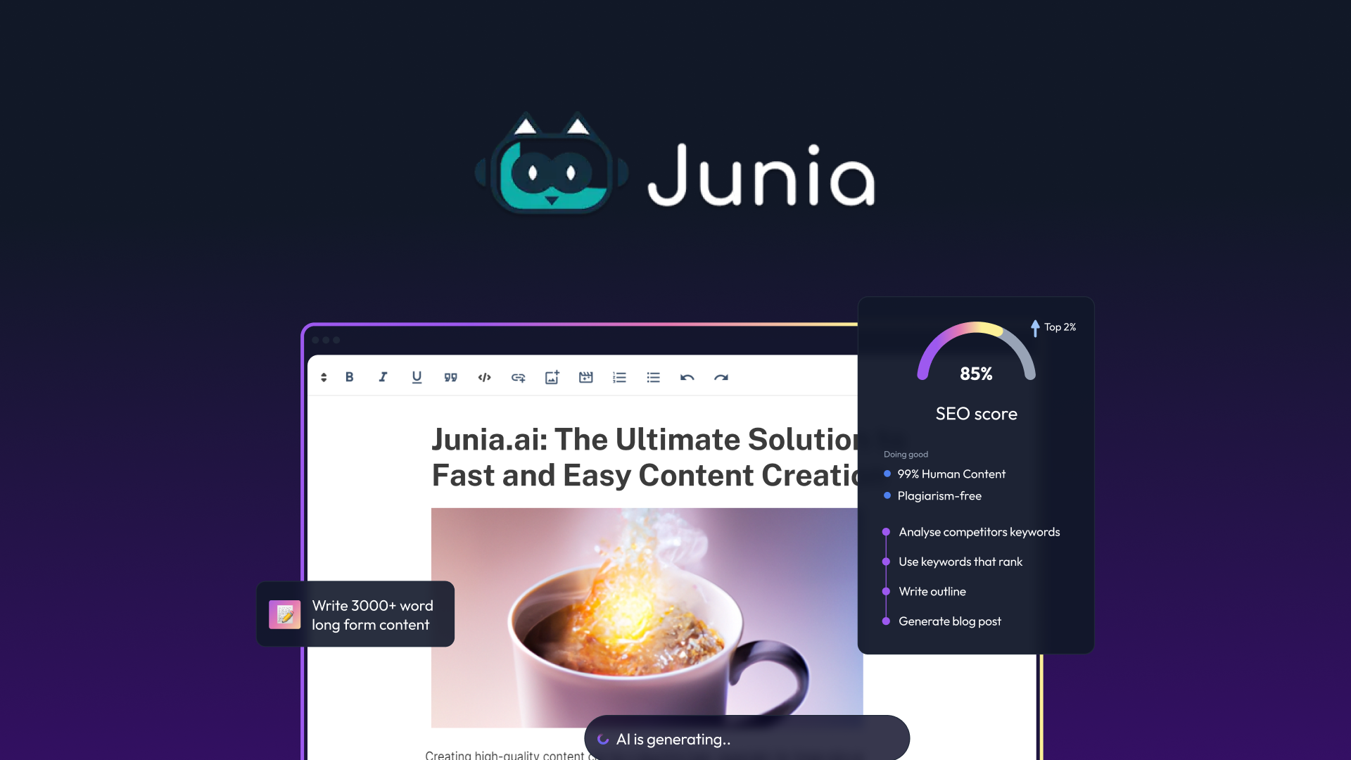 Junia AI - Melhor Ferramenta de IA para Geração de Texto em 2025