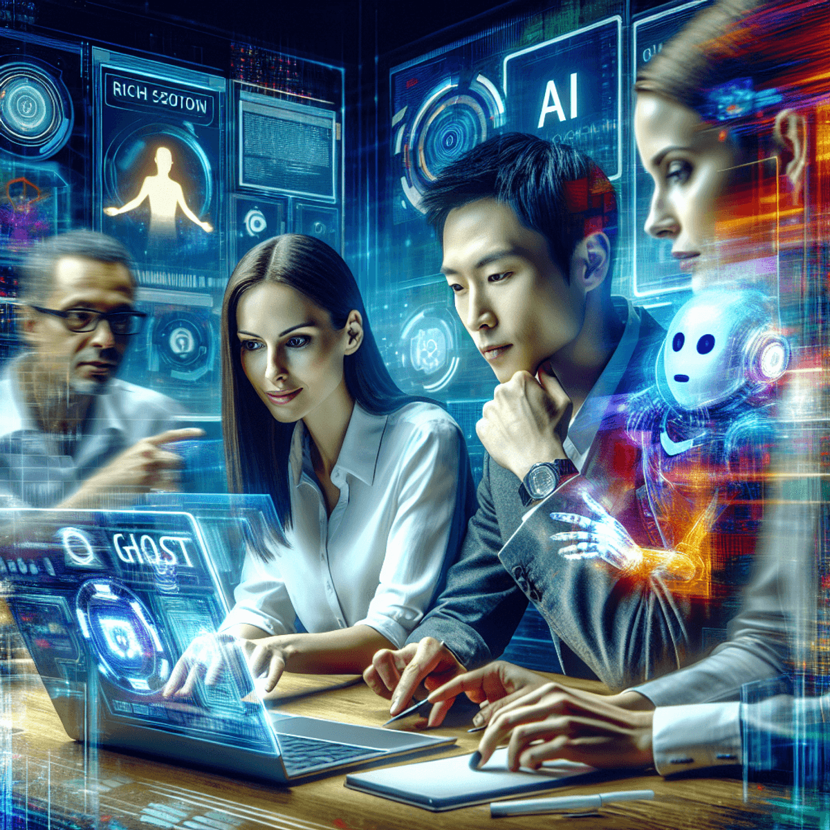 A diverse group of IT professionals, including a Caucasian woman and an Asian man, collaborate intensely over a laptop in a modern, high-tech environment. Surrounding them are advanced gadgets and high-resolution digital screens displaying abstract symbols and graphics, enhancing the futuristic atmosphere of their brainstorming session focused on AI tools for ghost integration.