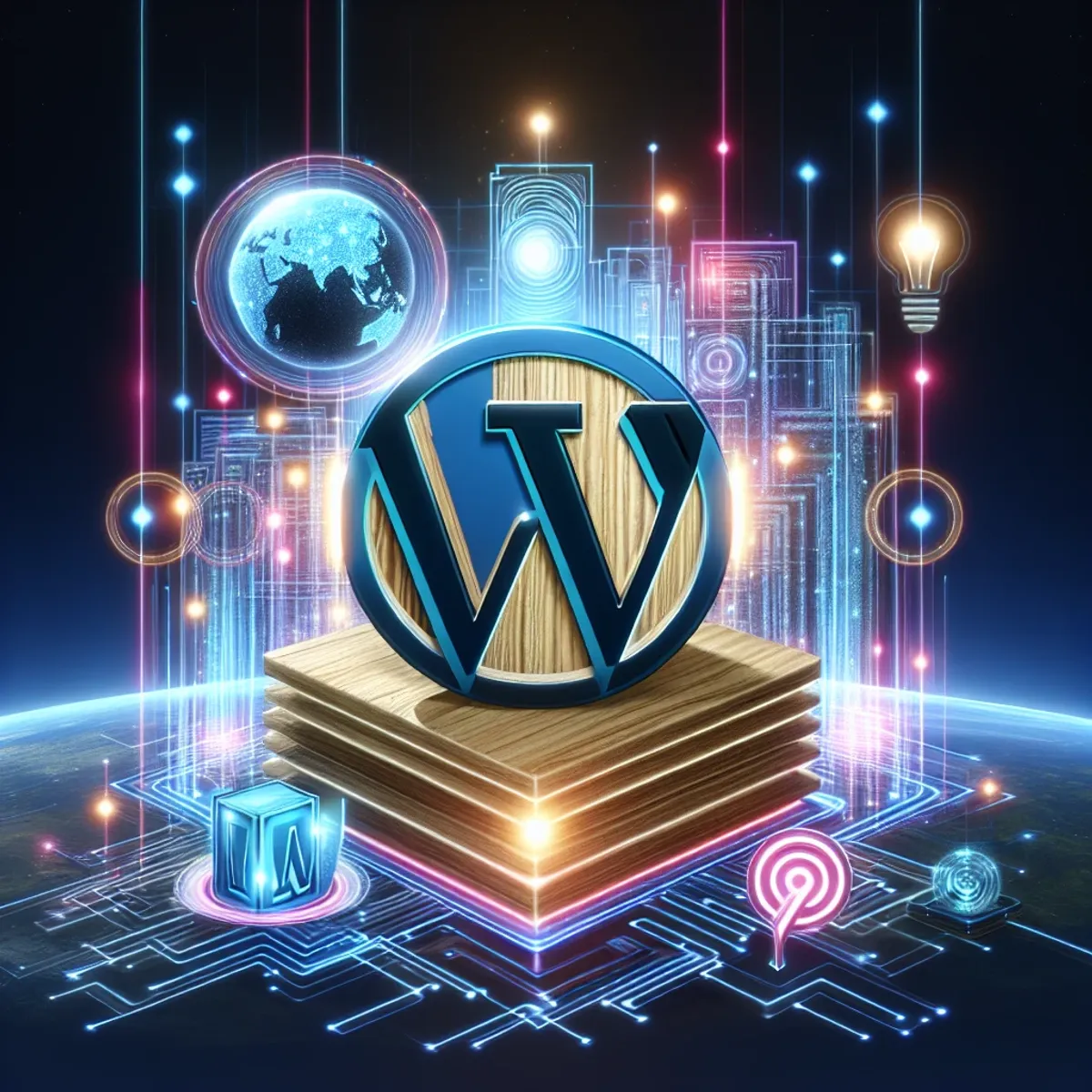 AI-powered SEO for WordPress - A glowing, neon-lined WordPress logo encircled by AI technology, with a futuristic cityscape below and abstract web traffic symbols to the side.