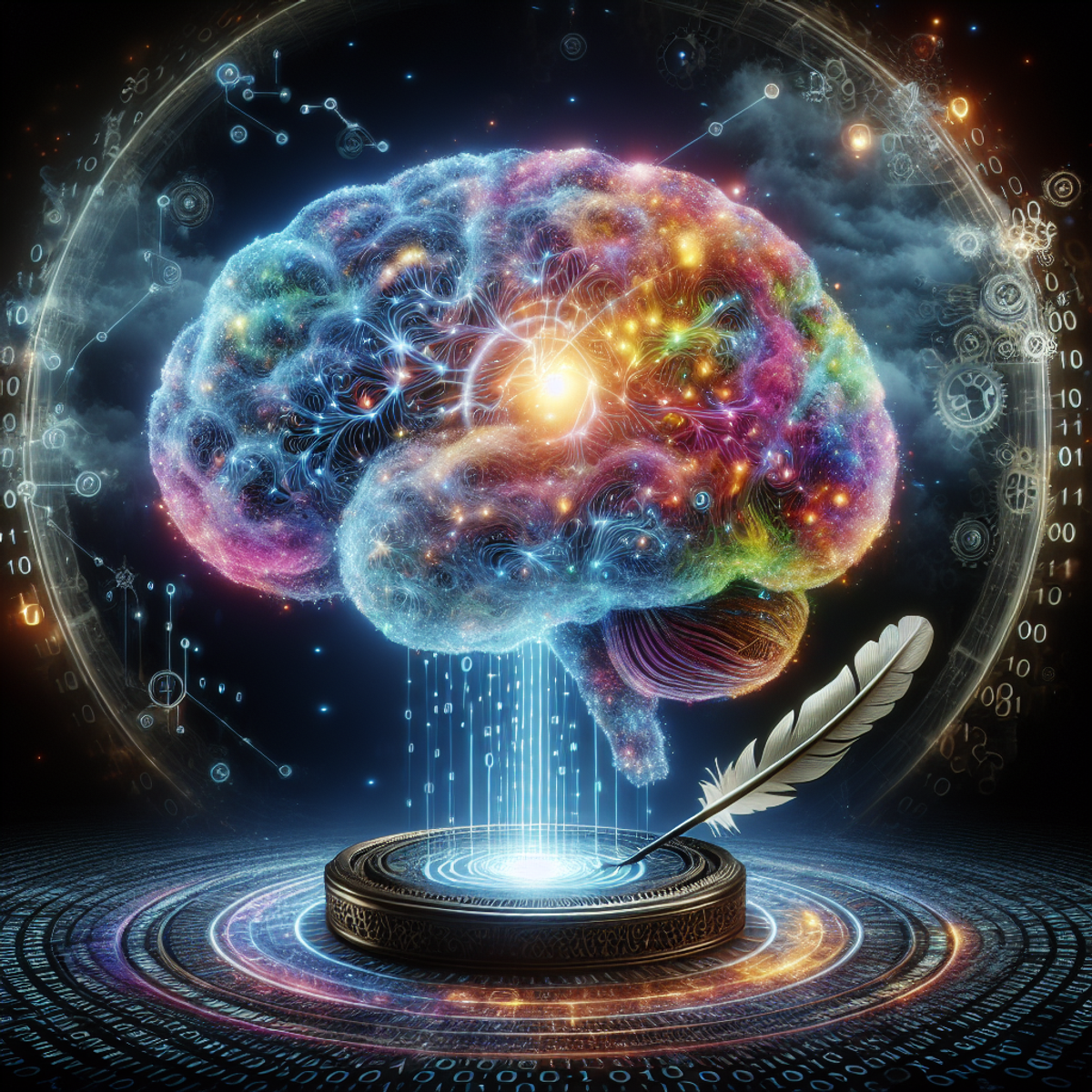 A holographic brain emitting vibrant colors, surrounded by binary codes, an antique quill, and spinning gears.