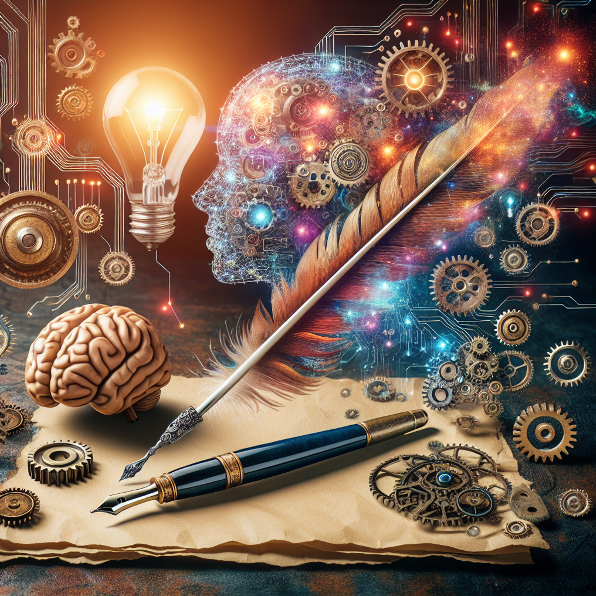 An image showing a quill pen, light bulb, gears, brain, and circuit board pattern interwoven in a vibrant and compelling setting, representing the fusion of traditional writing methods with modern AI technology.