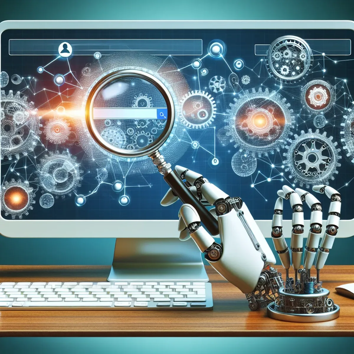 AI-powered SEO tools with computer screen, magnifying glass, interconnected nodes, and robotic hands moving chess pieces.