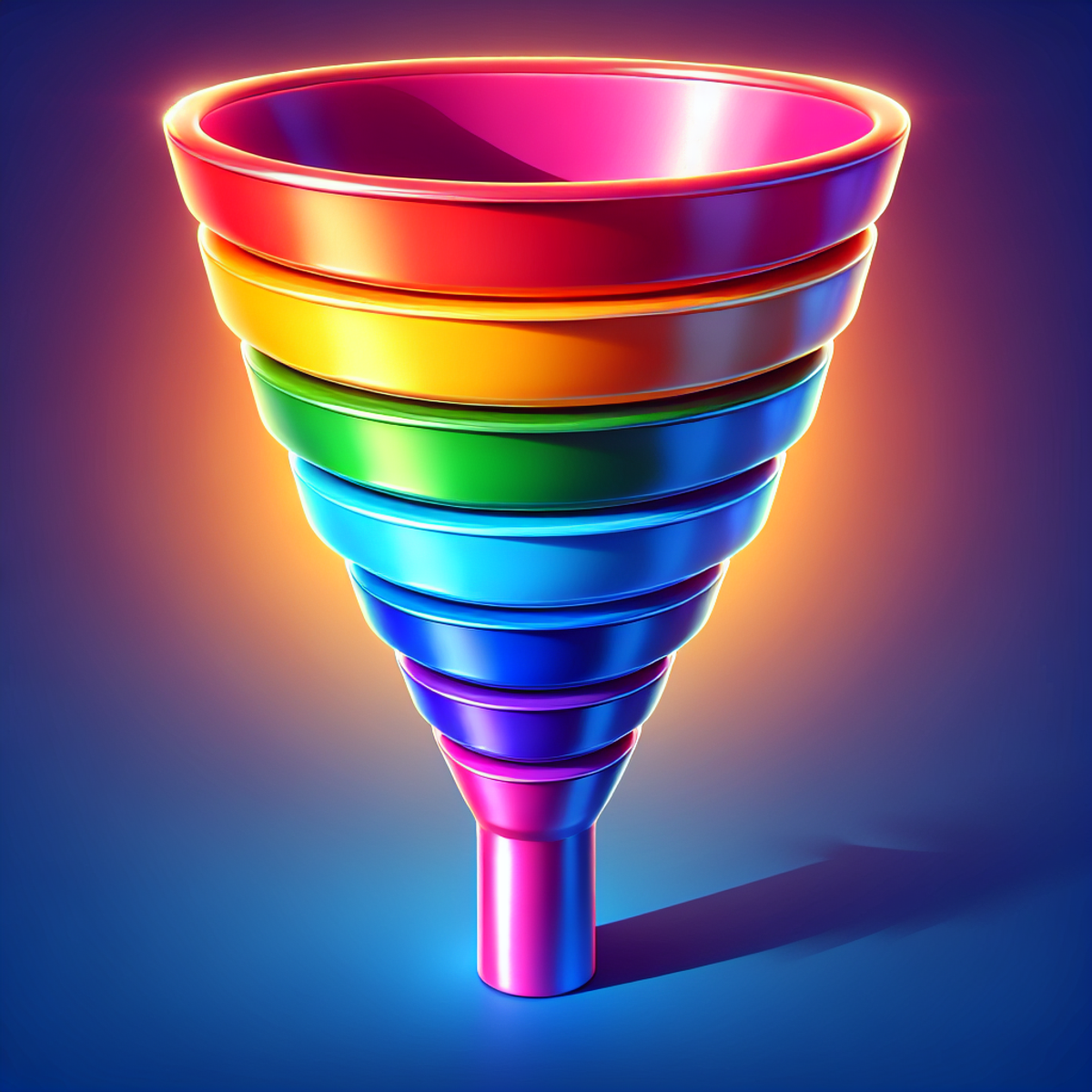 A multi-tiered funnel with distinct colors for each stage, creating a rainbow effect from top to bottom.
