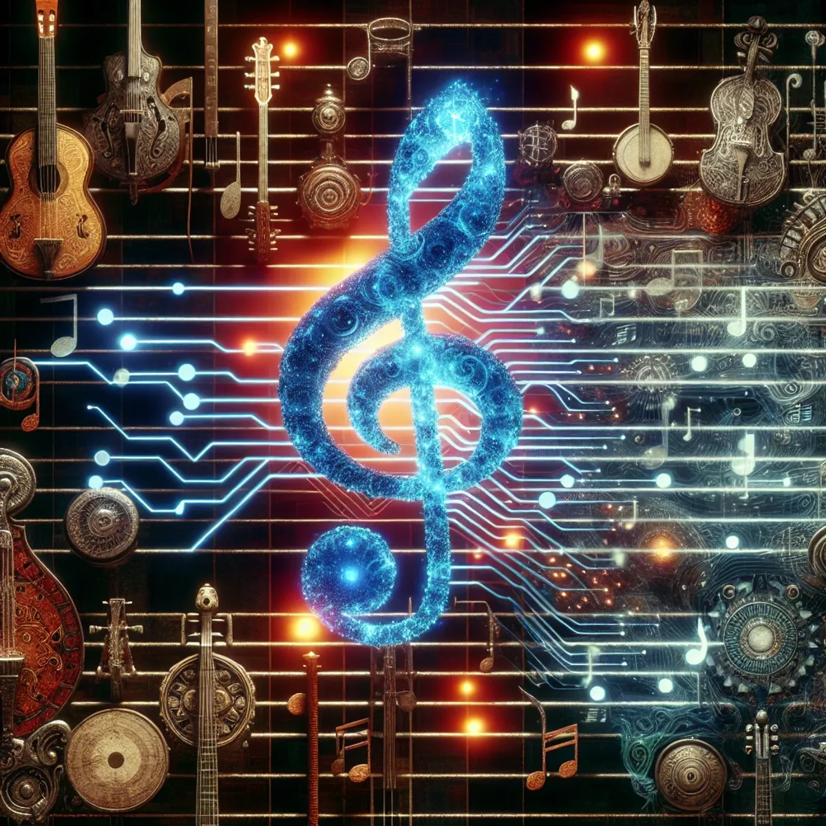 Futuristic neural network superimposed on a traditional music note surrounded by various musical instruments.