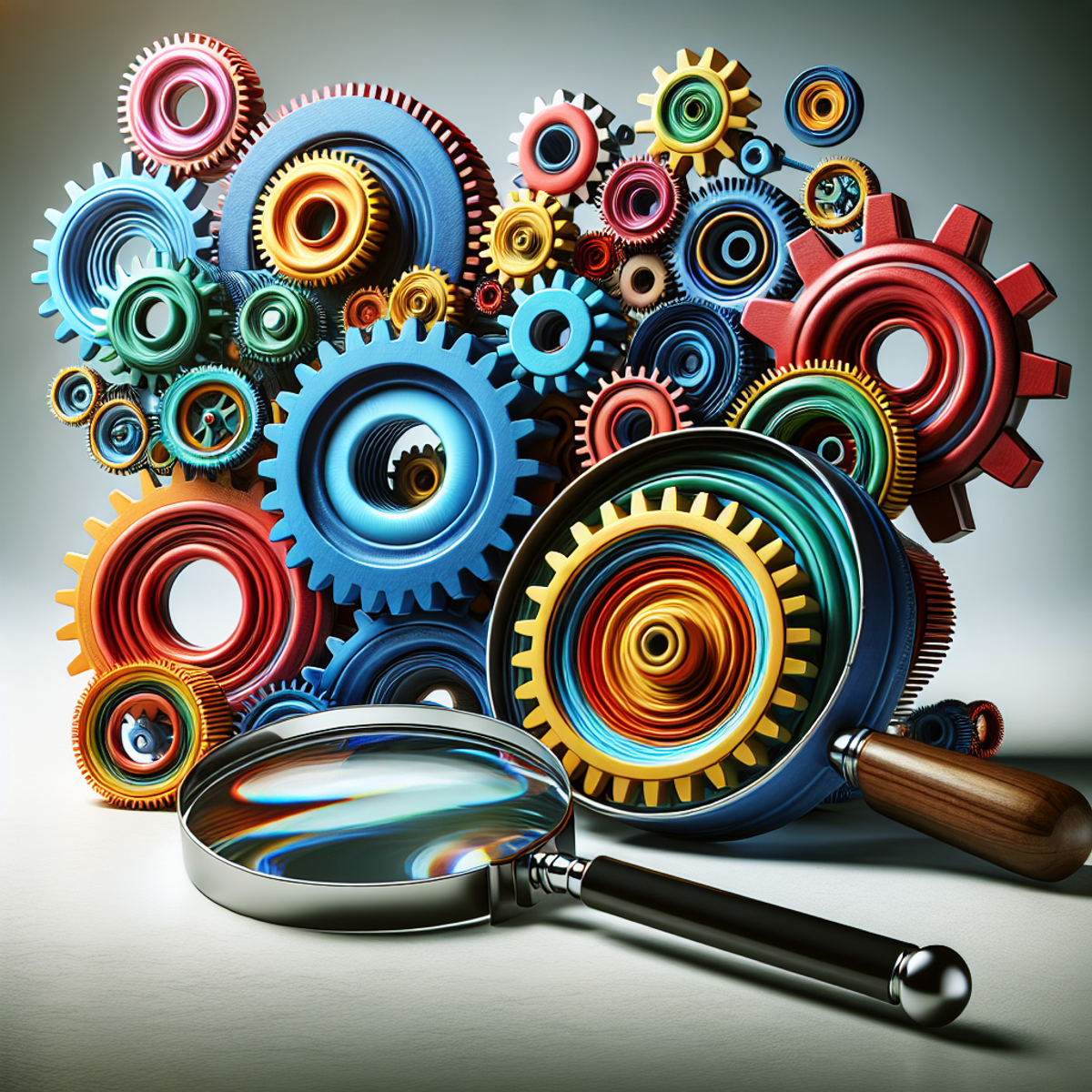A colorful set of gears and cogs interlocking and rotating, with a magnifying glass placed nearby for close scrutiny.