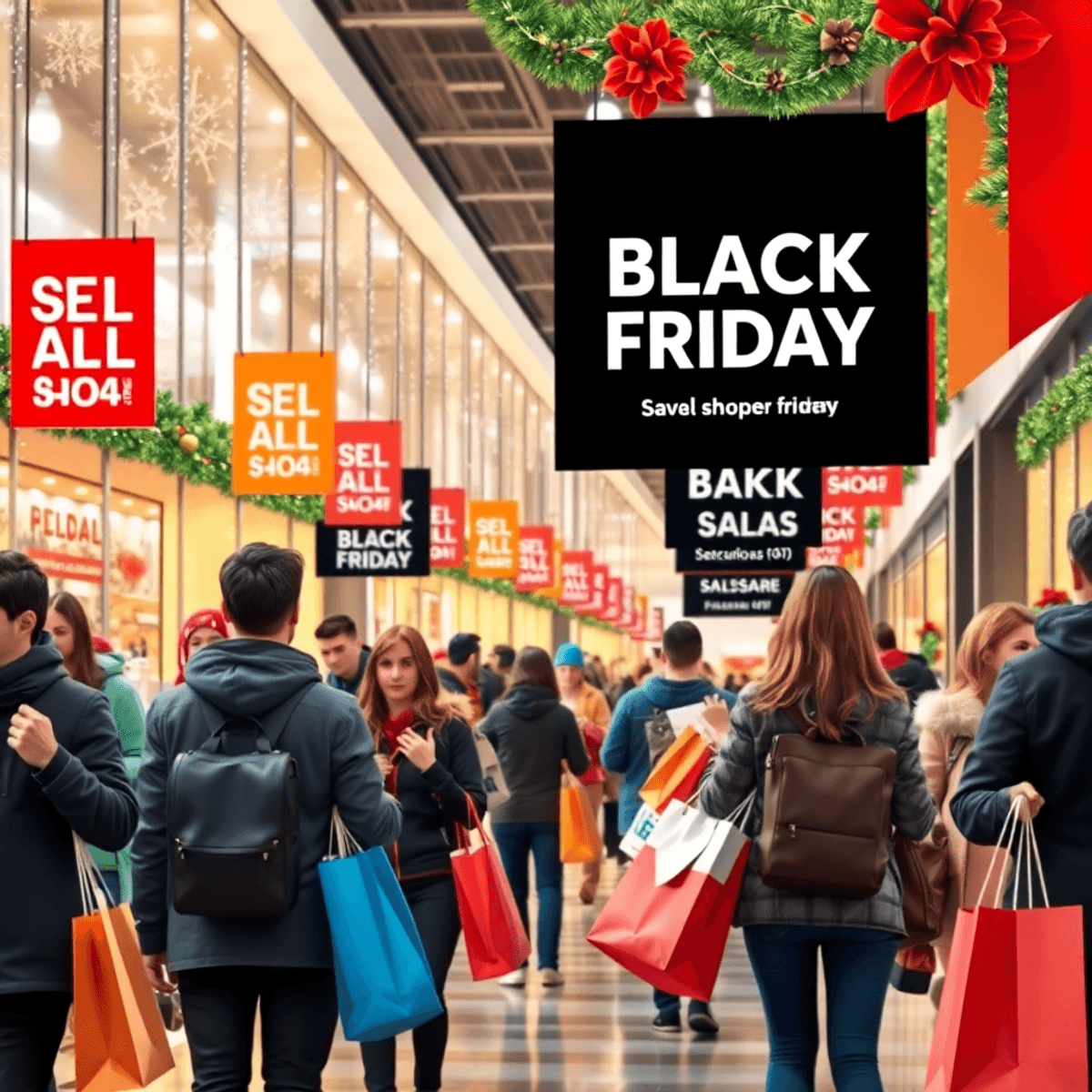 A lively Black Friday shopping scene with excited shoppers carrying bags, colorful sale signs, and festive decorations, all conveying a sense of urgency and holiday spirit.
