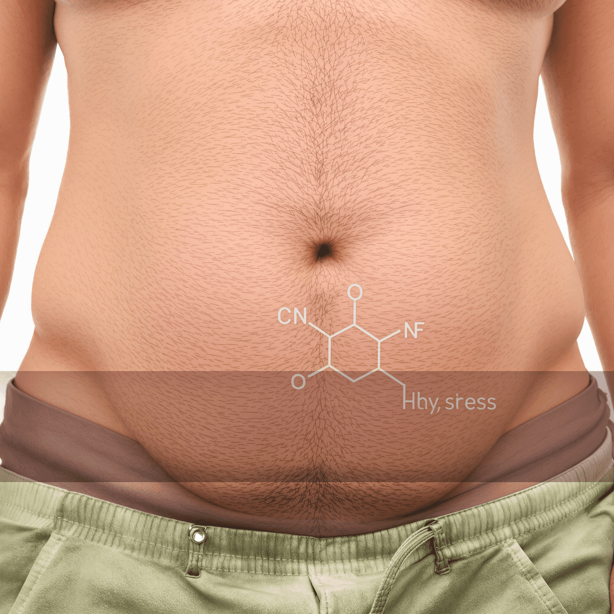 5 Symptoms of Cortisol Belly You Need to Know Close-up of a human torso with excess abdominal fat and a subtle overlay of a stress hormone molecule illustration.