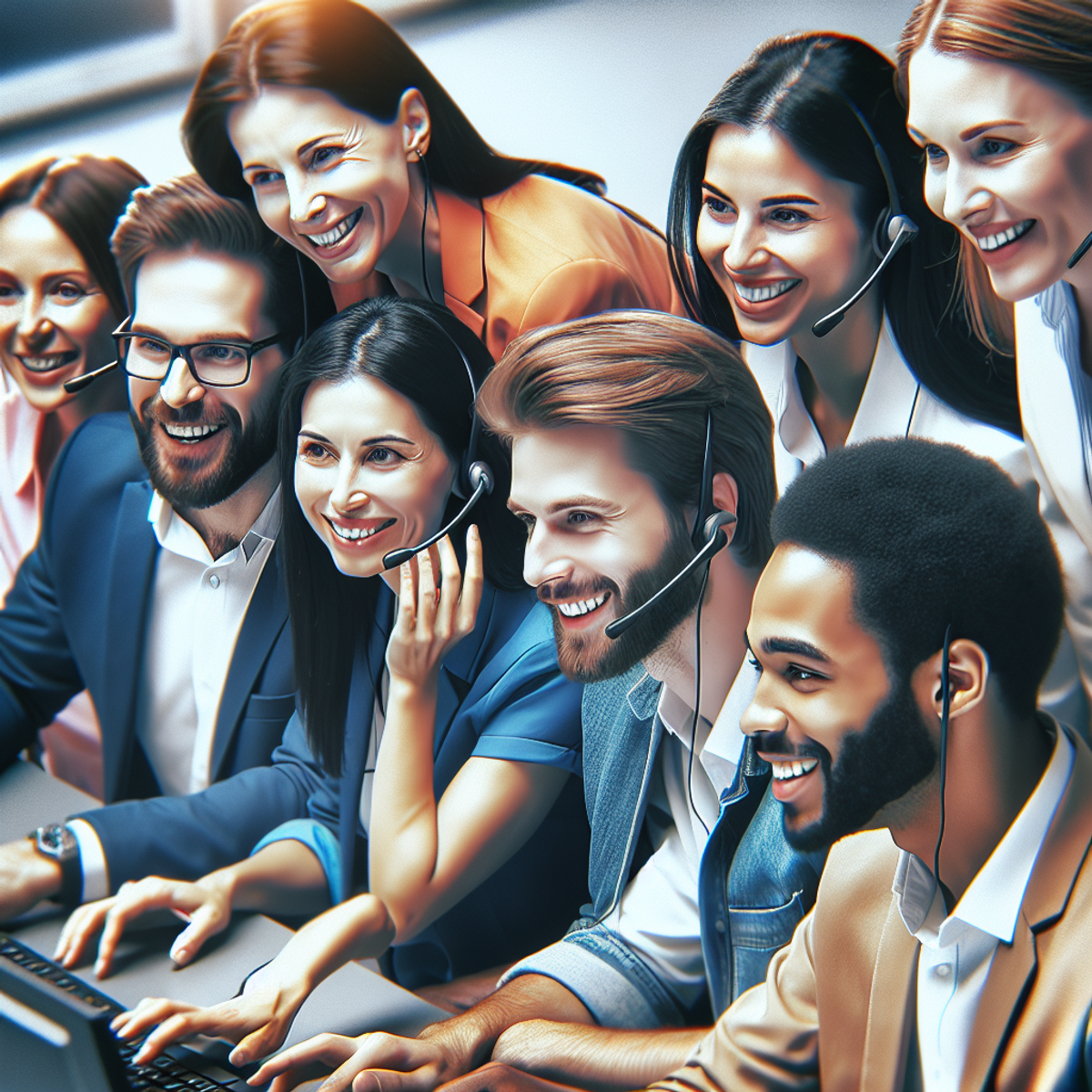 A diverse team of customer service professionals collaborating and working closely together in a vibrant and harmonious environment.