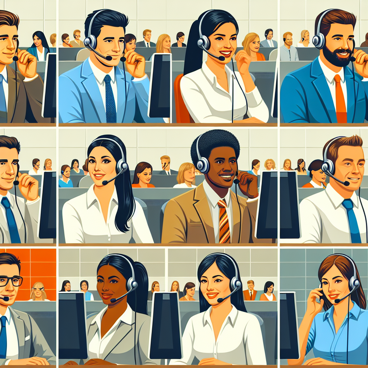 A diverse group of six customer service representatives engaged in conversations through headsets, computers, and mobile devices in an office setting.