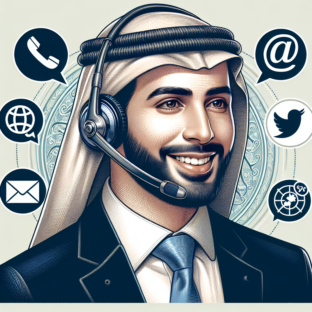A customer service representative surrounded by communication symbols.