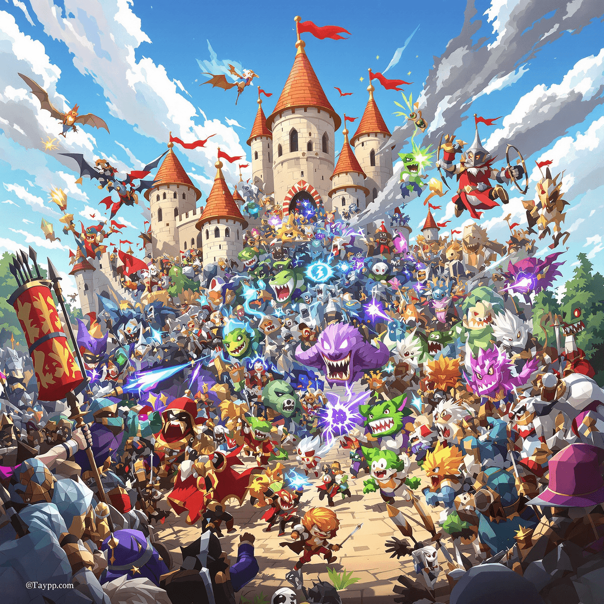 Grow Castle MOD APK v1.40.10 (Unlimited Money, MOD Menu) 1 A vivid illustration of a medieval castle under siege, featuring archers, wizards, and knights battling waves of mythical creatures amidst arrows and magical spells.