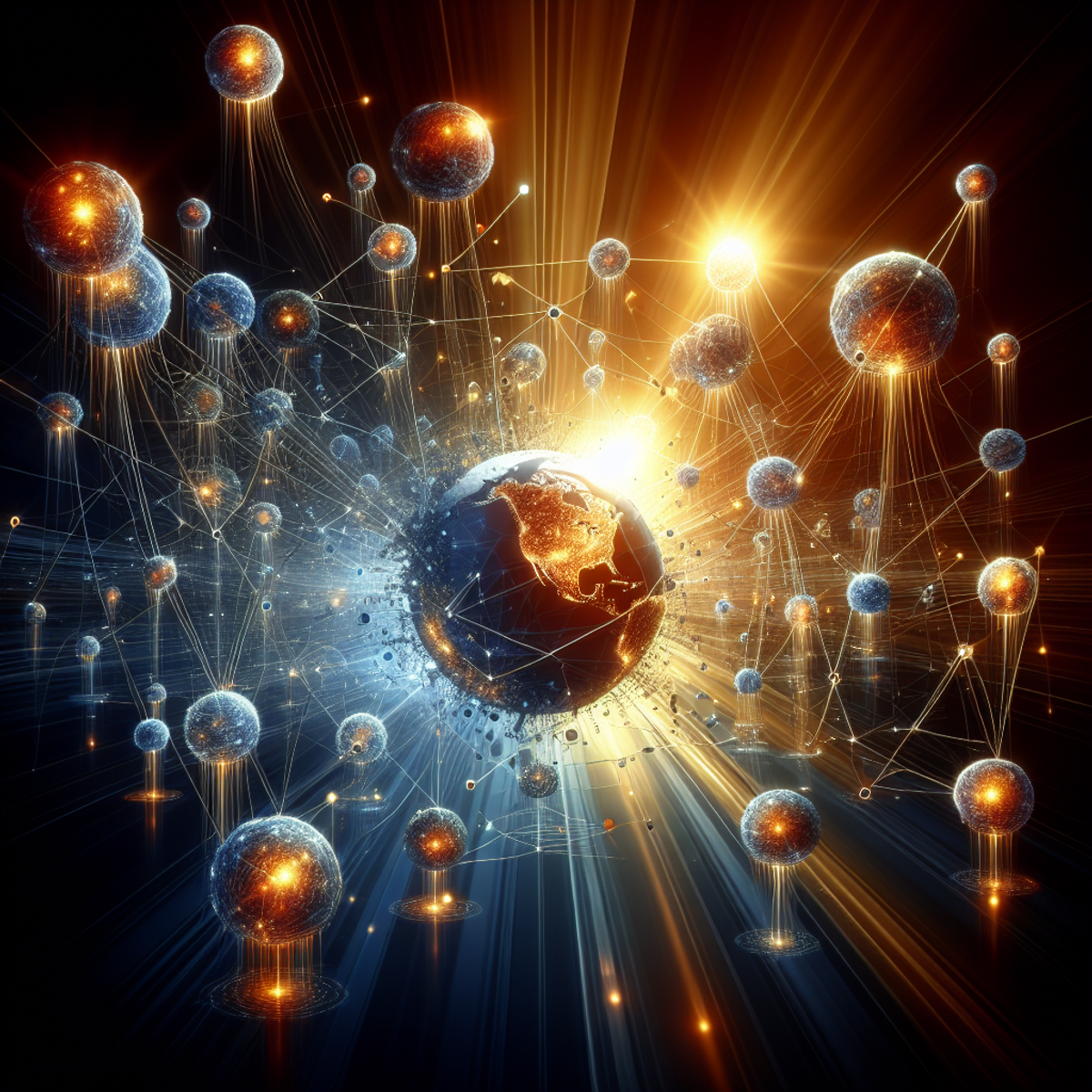 A network of interconnected globes representing websites, with strings of radiant light symbolizing backlinks that boost credibility and visibility online.